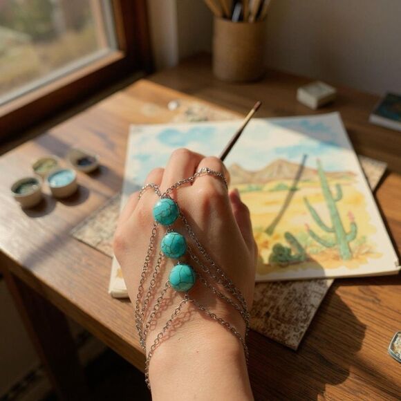 Bansri Turquoise Beaded Hand Chain Bracelet Silver Tone Layered Chair Jewelry - Picture 2 of 2